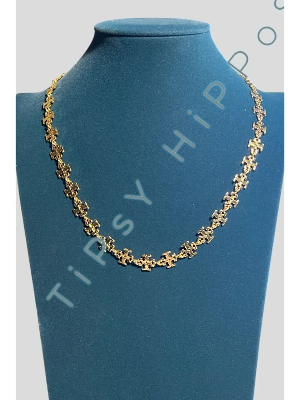 Tory Burch Gold Puzzle Piece Chain Necklace With Adjustable Clasp & Branded Pouc